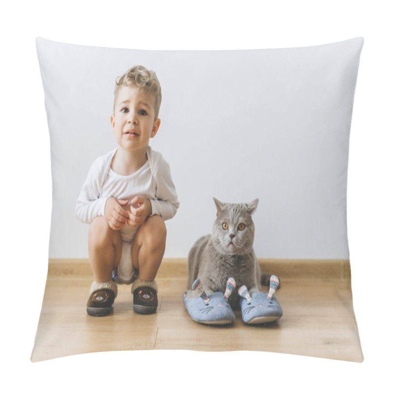 Personality  Cute Little Boy And Grey British Shorthair Cat In Sleepers At Home Pillow Covers