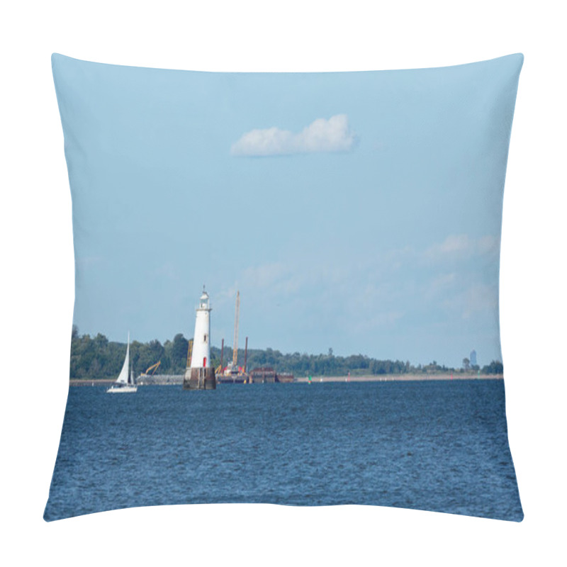 Personality  South Amboy, New Jersey - August 21, 2024: A Sailboat Navigates Near The Great Beds Lighthouse On A Beautiful Summer Night Pillow Covers