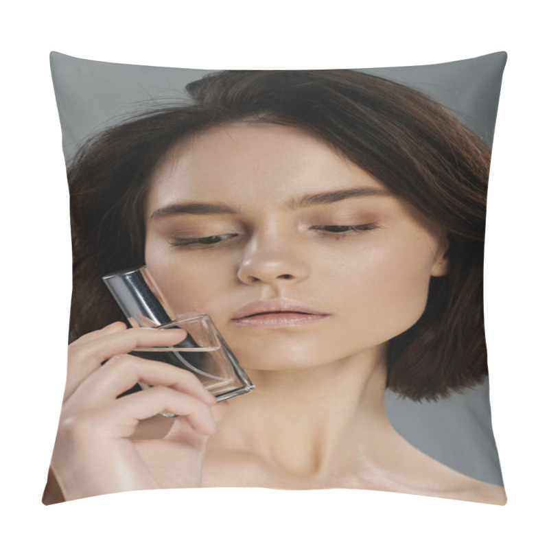 Personality  A Young Woman Holds A Bottle Of Perfume, Her Face Focused On The Fragrance. Pillow Covers