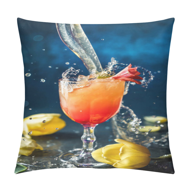 Personality  Fresh Tropical Cocktail With Ice And Flowers In Wineglass On Dark Blue Background. Studio Shot Of Drink In Freeze Motion, Drops In Liquid Splash, Pineapple Juice Jet. Summer Cold Drink And Cocktail Pillow Covers