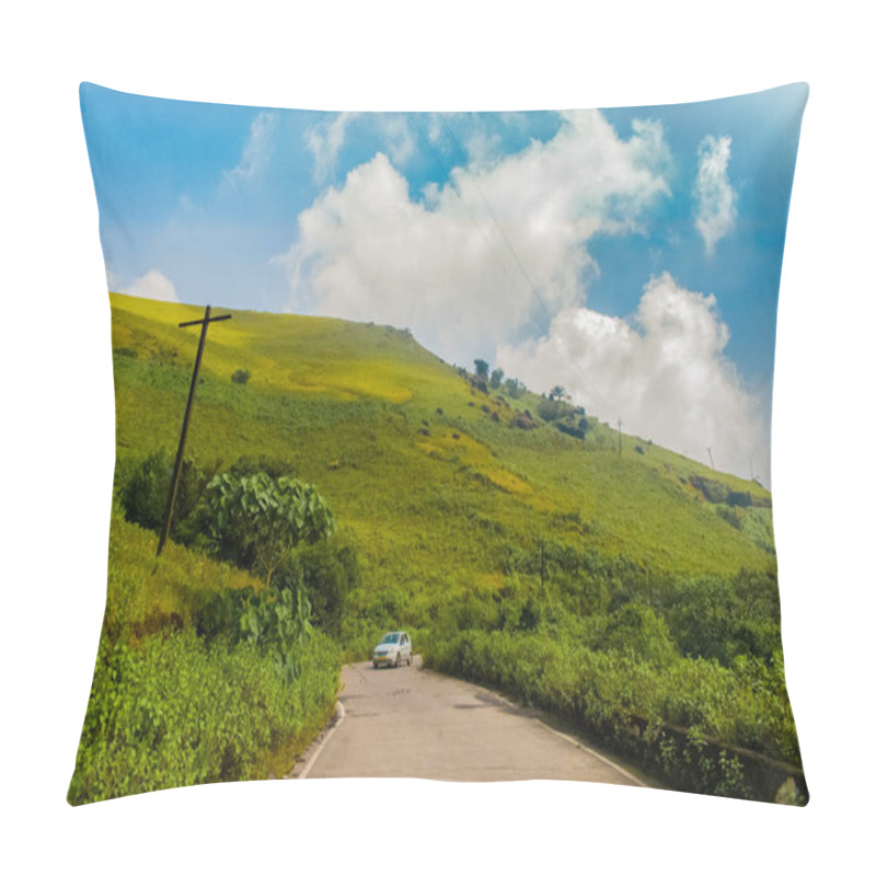 Personality  Car Moving On The Curvy Winding Road At The Top Of Hill. Pillow Covers