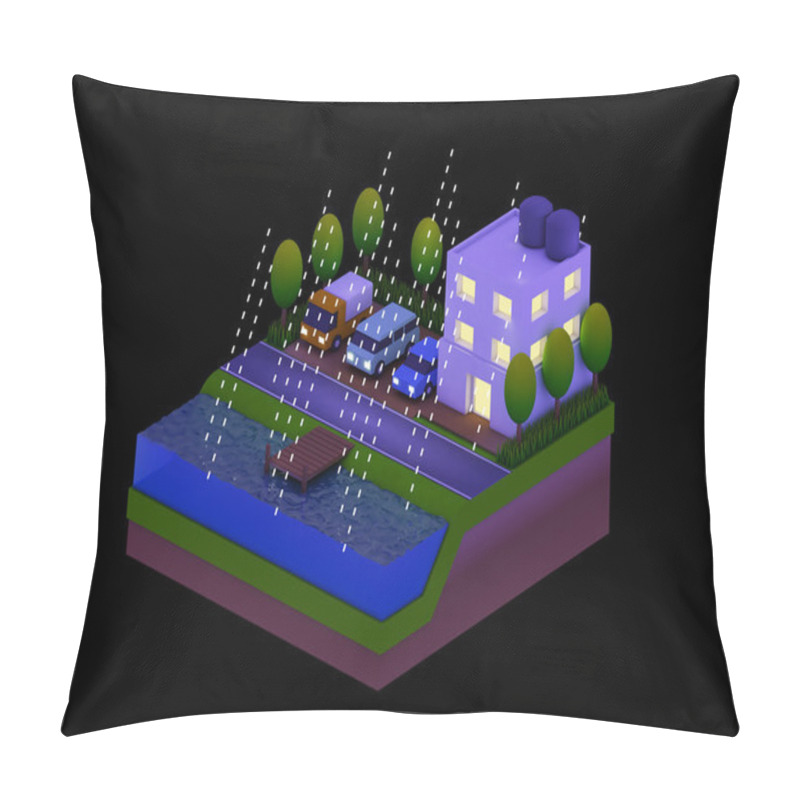 Personality   Isometric City Buildings, Landscape, Road And River, Night Scen Pillow Covers