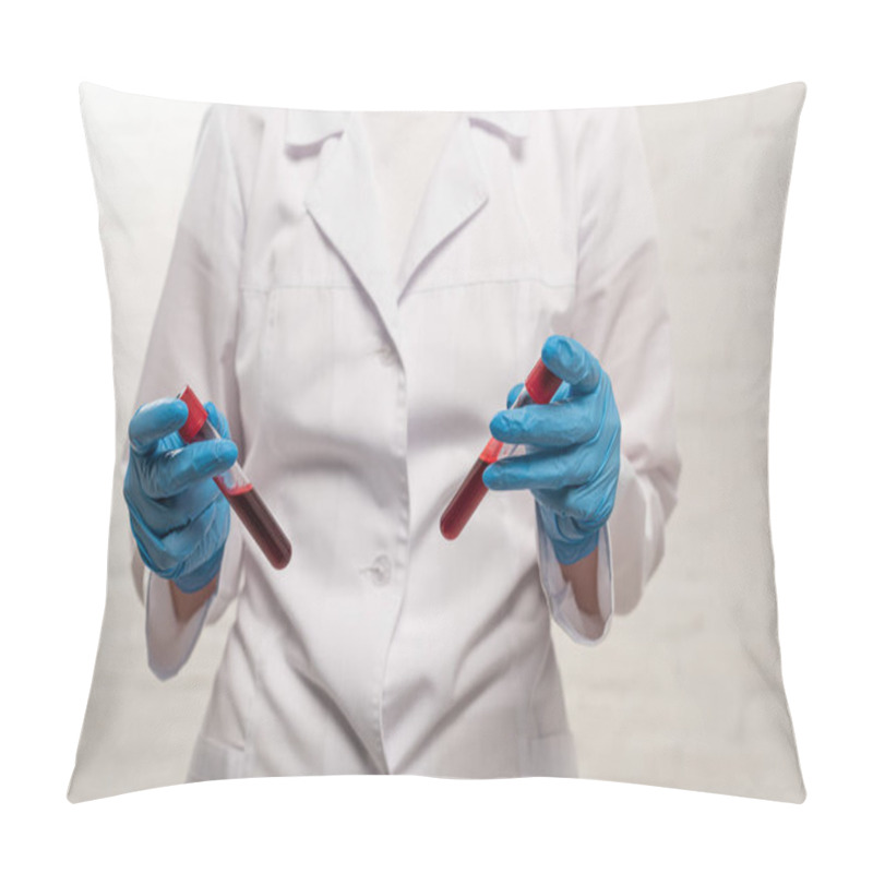 Personality  Cropped View Of Doctor Holding Test Tubes With Blood Samples On White Background Pillow Covers