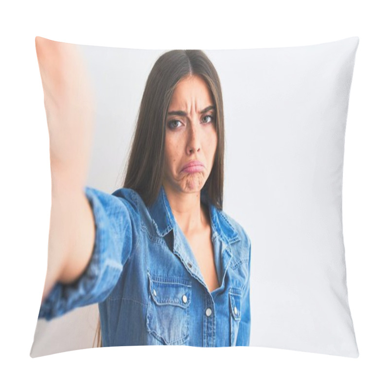 Personality  Beautiful Woman Wearing Denim Shirt Make Selfie By Camera Over Isolated White Background Depressed And Worry For Distress, Crying Angry And Afraid. Sad Expression. Pillow Covers