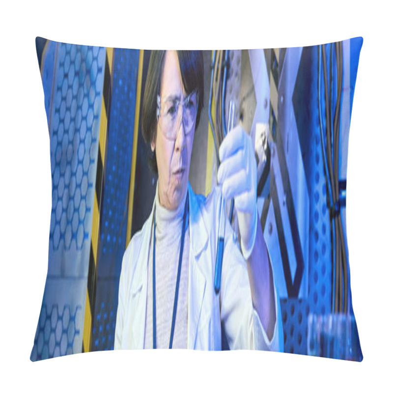 Personality  Middle Aged Woman Scientist In Goggles Looking At Liquid In Test Tube In Innovation Lab, Banner Pillow Covers