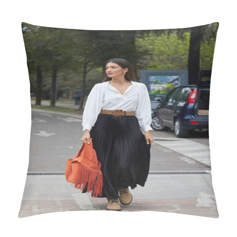 Personality  MILAN, ITALY - SEPTEMBER 25, 2020: Woman Long, Pleated Skirt And Orange Bag With Fringes Before Sportmax Fashion Show, Milan Fashion Week Street Style Pillow Covers