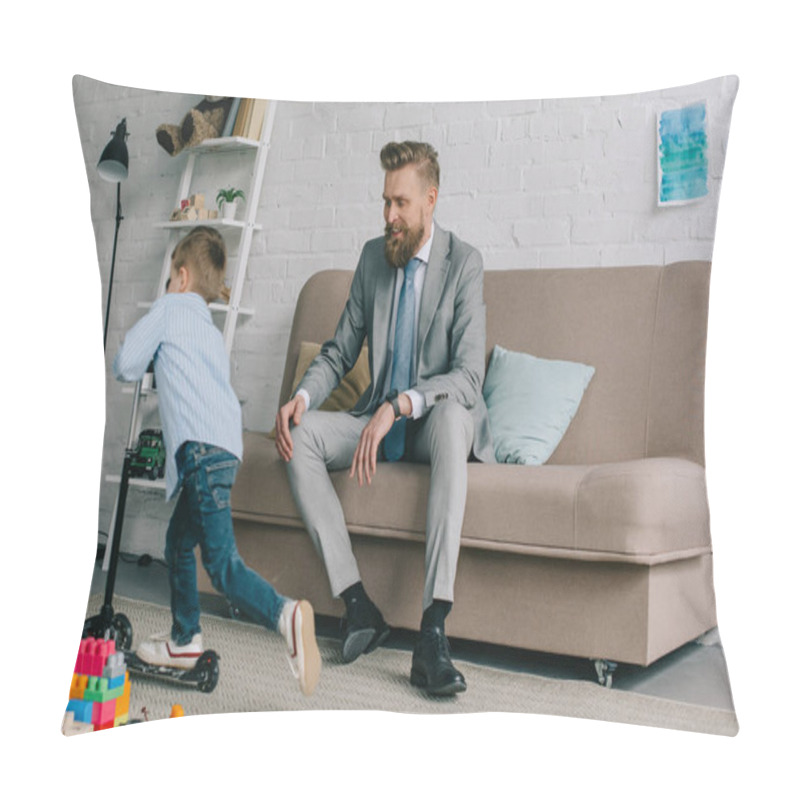 Personality  Businessman In Suit And Little Son On Scooter At Home, Work And Life Balance Concept Pillow Covers