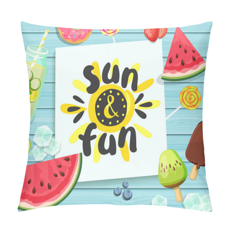 Personality  Sun And Fun Card On Blue Wooden Texture Pillow Covers