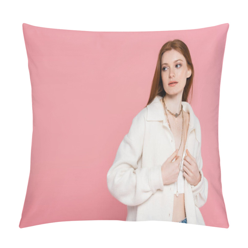 Personality  Pretty Red Haired Woman Adjusting Jacket Isolated On Pink Pillow Covers