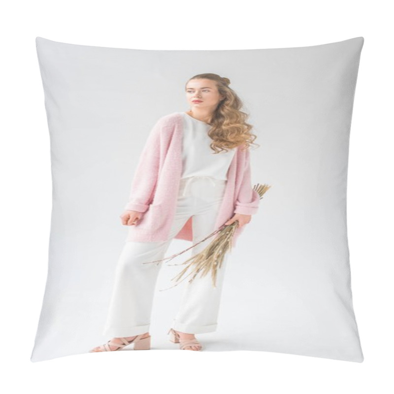 Personality  Stylish Attractive Woman Standing And Holding Bunch Of Willow Tree Branches On White Pillow Covers