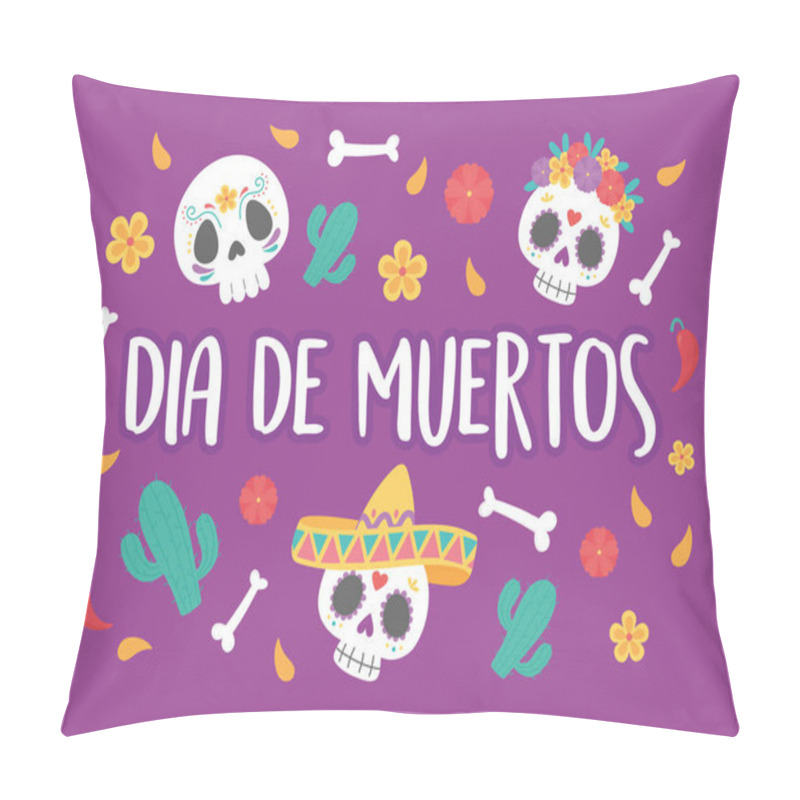 Personality  Day Of The Dead, Mexican Celebration Sugar Skulls Flowers Hat Cactus And Bones Background Pillow Covers