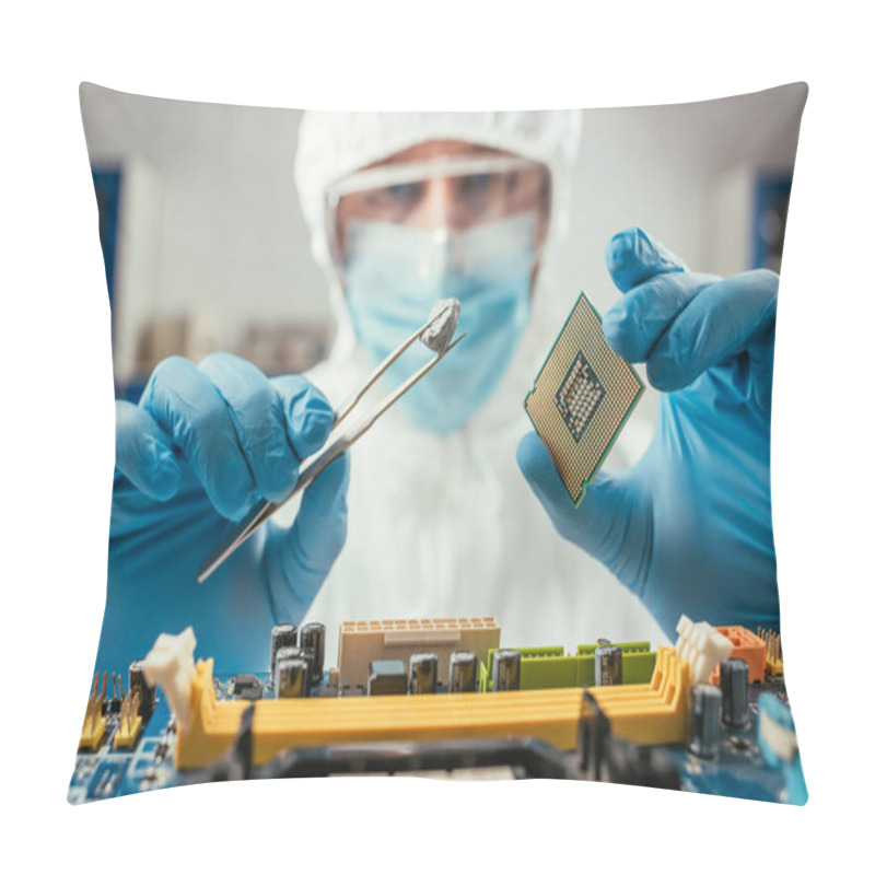 Personality  Selective Focus Of Engineer Holding Small Stone With Tweezers And Microchip Near Computer Motherboard Pillow Covers