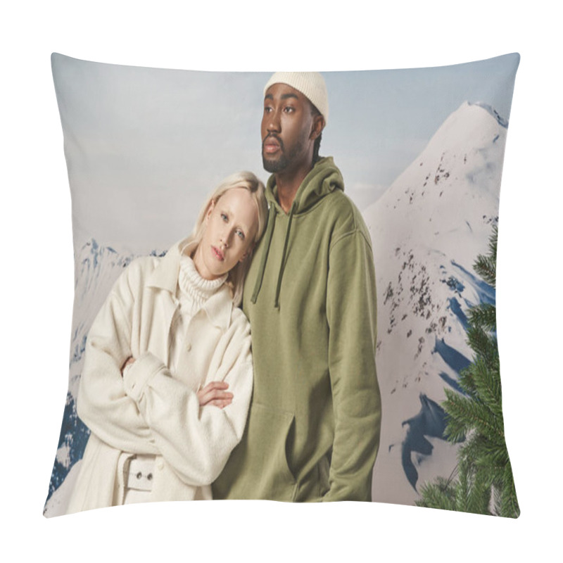 Personality  Stylish Blonde Woman With Her Head On Her Boyfriend Chest Posing On Snowy Backdrop, Winter Concept Pillow Covers