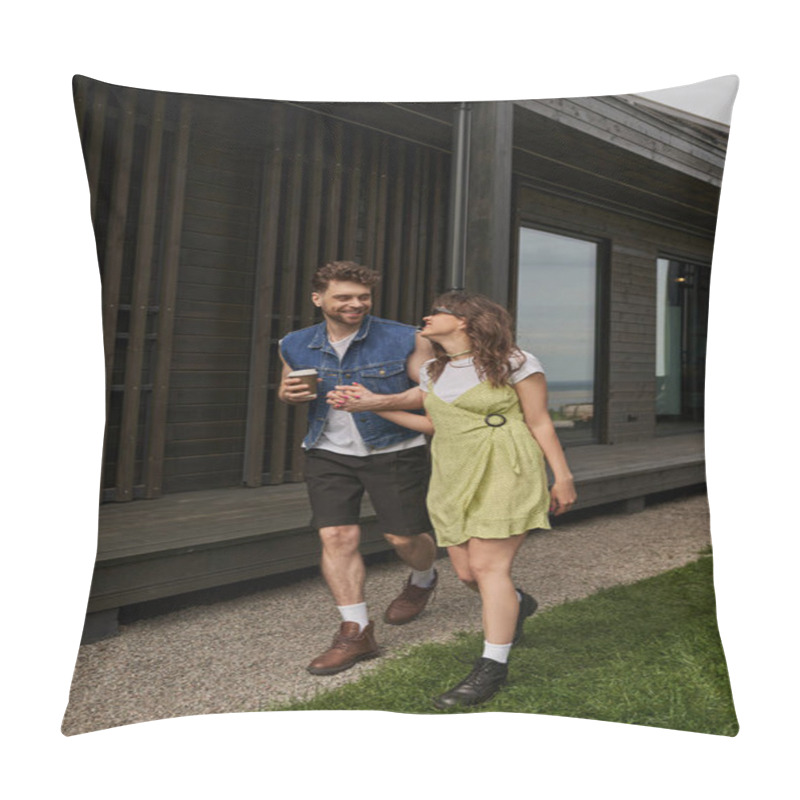 Personality  Trendy And Stylish Couple In Summer Outfits And Boots Holding Takeaway Coffee And Talking While Walking Together Near Wooden House In Rural Setting, Outdoor Enjoyment Concept Pillow Covers