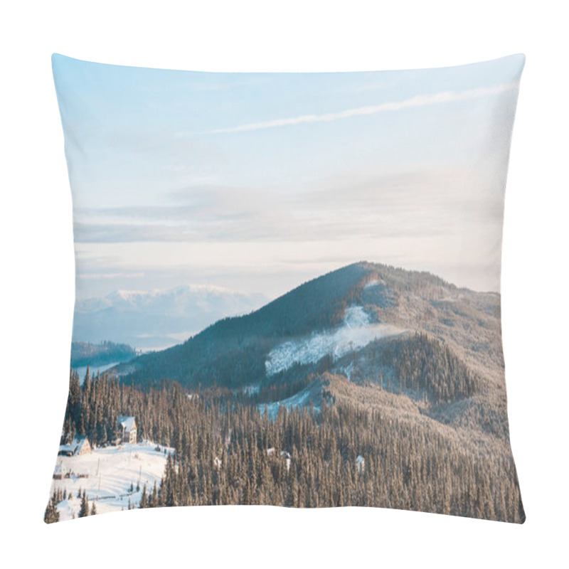 Personality  Scenic View Of Small Village In Snowy Mountains With Pine Trees At Sunlight Pillow Covers