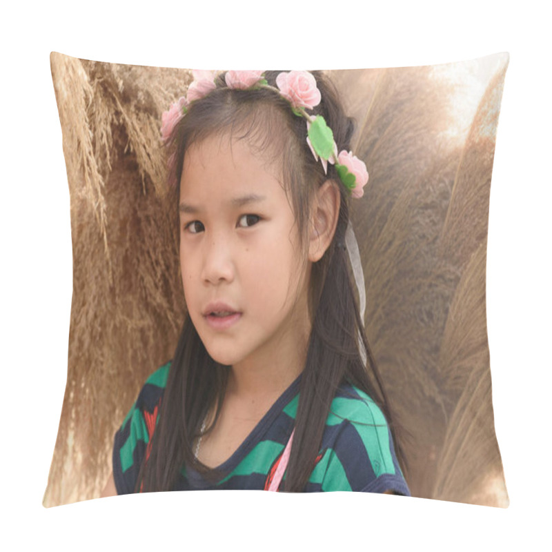 Personality  Portrait Of An Asian Girl Wearing A Pink Flower Headband In Warm Tones. Pillow Covers