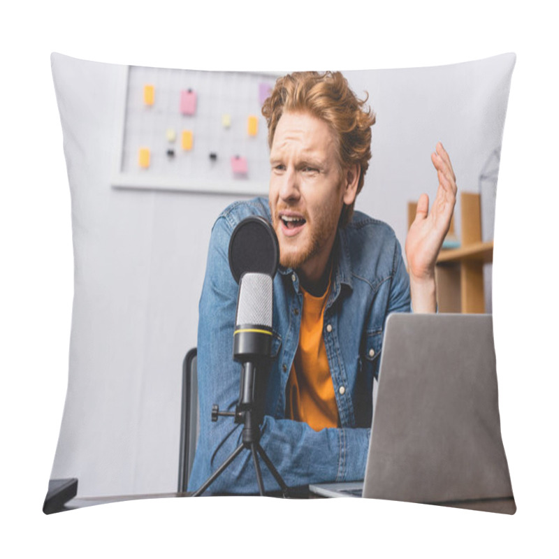 Personality  Tense Broadcaster In Denim Shirt Gesturing While Speaking In Microphone Near Laptop Pillow Covers