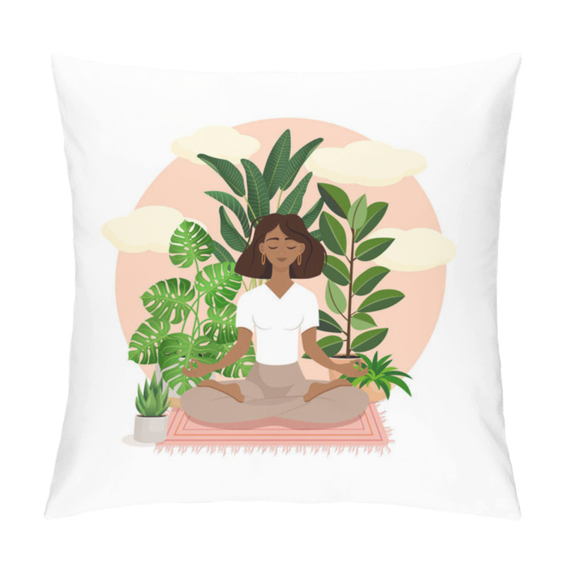 Personality  Beautiful African American Brunette Girl In A Lotus Pose Surrounded By Plants. Vector Illustration Of A Meditating Woman At Home. Harmony And Balance. Crossed Legs. Girl In The Interior Pillow Covers