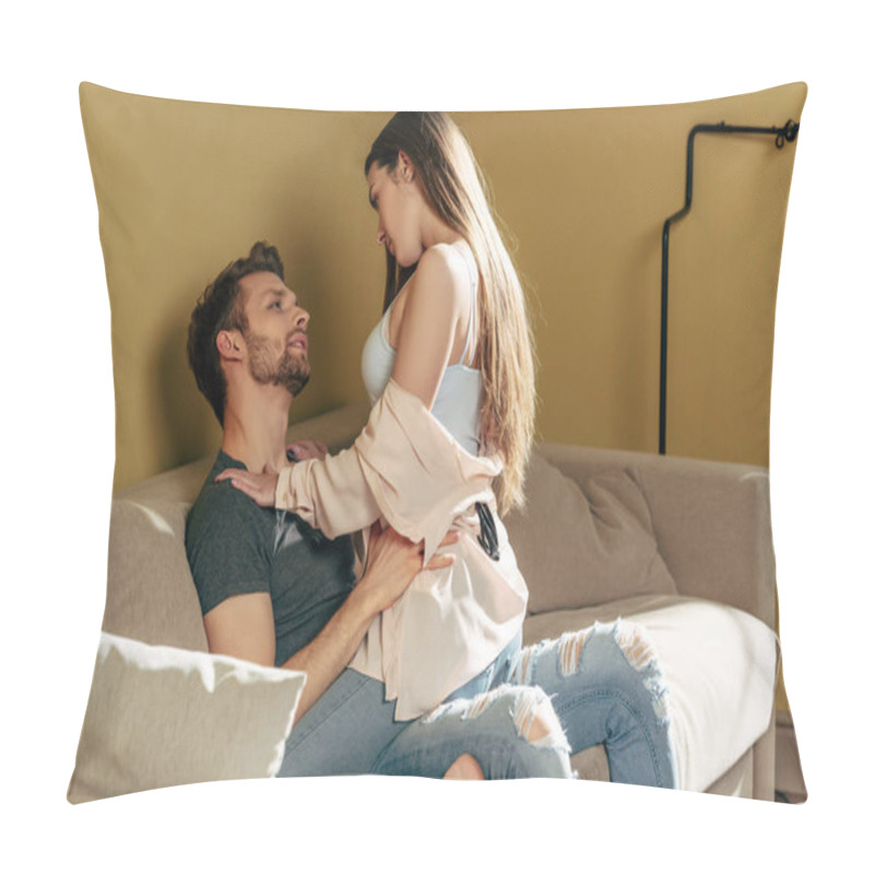 Personality  Sensual Woman Sitting On Handsome Boyfriend In Living Room  Pillow Covers