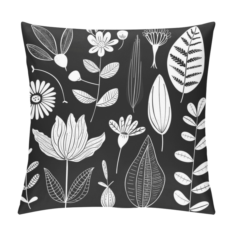 Personality  Black White Botanical Drawing Featuring Various Stylized Flowers Leaves. Handdrawn Plants Include Tulips, Daisies, Assorted Foliage Artistic Depiction. Monochrome Floral Pattern Suitable Print Pillow Covers