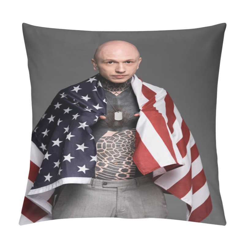 Personality  Bald Shirtless Tattooed Man Standing With Us Flag And Looking At Camera Isolated On Grey Pillow Covers