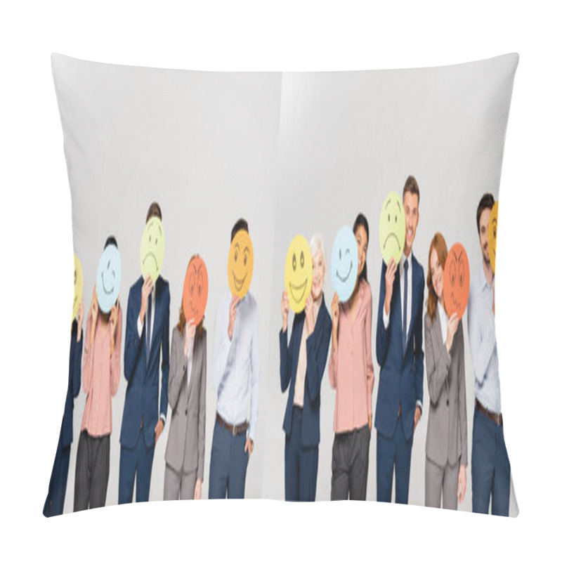 Personality  Collage Of Multicultural Businesspeople Holding Cards With Emotions Isolated On Grey, Banner  Pillow Covers