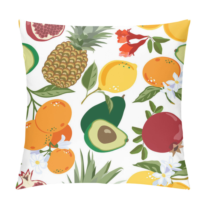 Personality  Mandarin Pineapple Pomegranate Avocado Lemons Floral Pattern, Vector Seamless Fruit Background, Citrus Fruits, Flowers, Leaves, Branches Texture. Tropical Design For Print, Textile, Background, Paper Pillow Covers