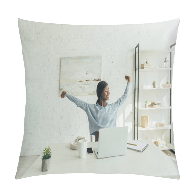 Personality  Cheerful African American Freelancer Stretching With Closed Eyes While Sitting At Table Near Laptop Pillow Covers