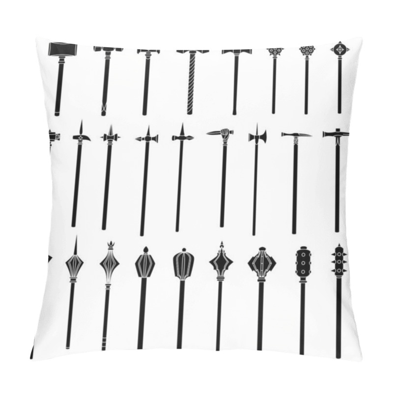 Personality  Set Of Simple Monochrome Images Of Medieval War Hammers And Maces. Pillow Covers