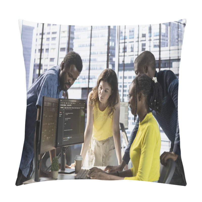 Personality  IT Specialists Working With Colleagues, Testing And Deploying Programs And Systems. Programmer Checking Code With Coworkers, Sitting At Desk Chair In Office, Doing Brainstorming Pillow Covers