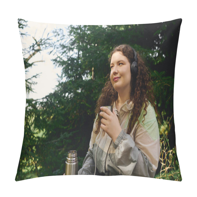 Personality  A Plus Size Woman Sits In A Lush Green Forest, Savoring Her Drink While Listening To Music. Pillow Covers