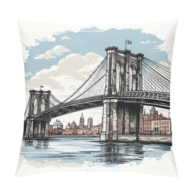 Personality  Brooklyn Bridge Hand-drawn Comic Illustration. Brooklyn Bridge. Vector Doodle Style Cartoon Illustration Pillow Covers