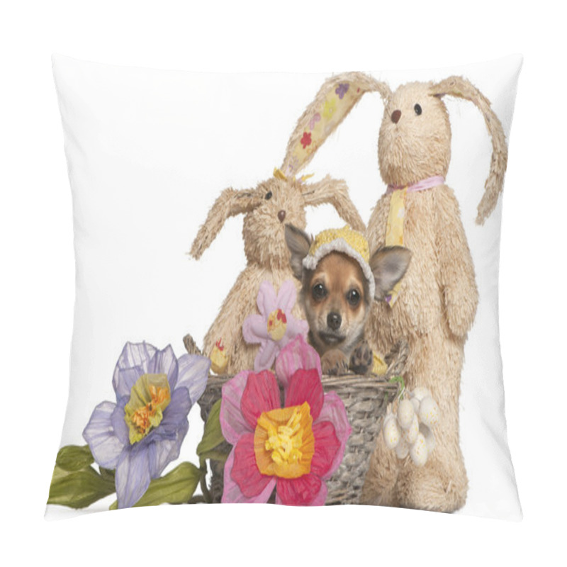 Personality  Chihuahua Puppy In Easter Basket With Flowers And Stuffed Animal Pillow Covers