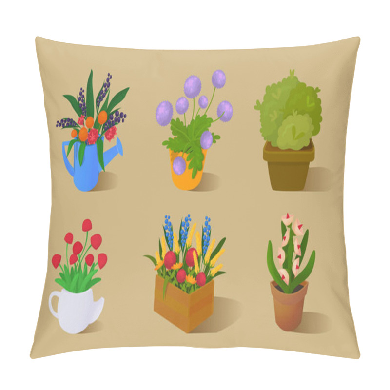 Personality  Garden Flowers In Different Containers: A Teapot, A Box, A Bucket, A Watering Can, A Pot, A Vase. Vector Illustration Of A Cartoon Style. Pillow Covers