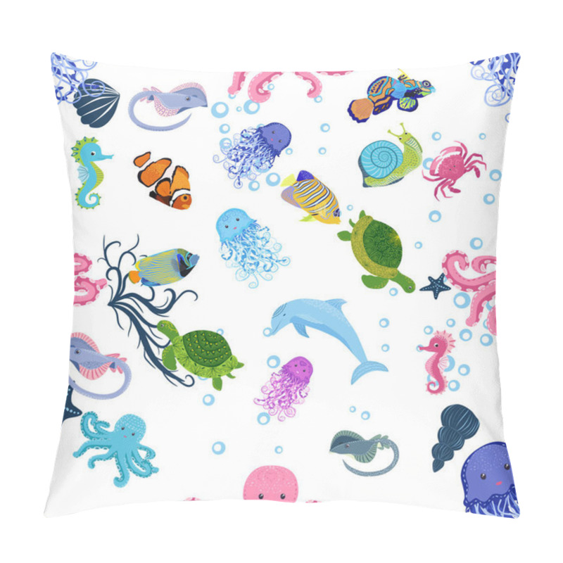 Personality  Marine Life, Fish, Animals Bright Seamless Pattern. Sea Travel, Underwater Diving Animal Tropical Fish. Jellyfish, Whale, Shark, Seahorse, Clown Fish, Dolphin, Turtle Emperor Fish Octopus Stingray Pillow Covers