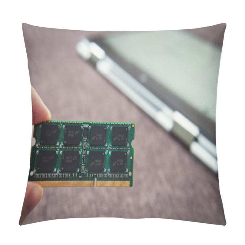 Personality  Memory Card RAM For Laptop On The Background Of A Ultrabook-transformer Folded Into A Tablet. DDR For Modern Gadgets. Computer Repair. Increase The Amount Of Memory For The Computer Upgrade. Pillow Covers