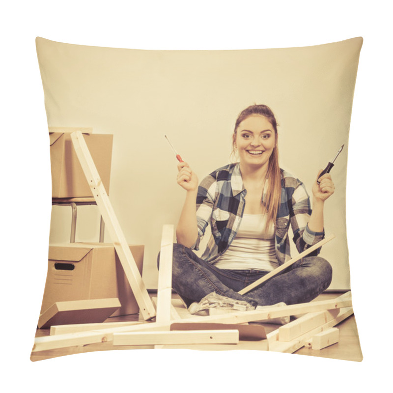 Personality  Young Girl Arranging Interior Pillow Covers