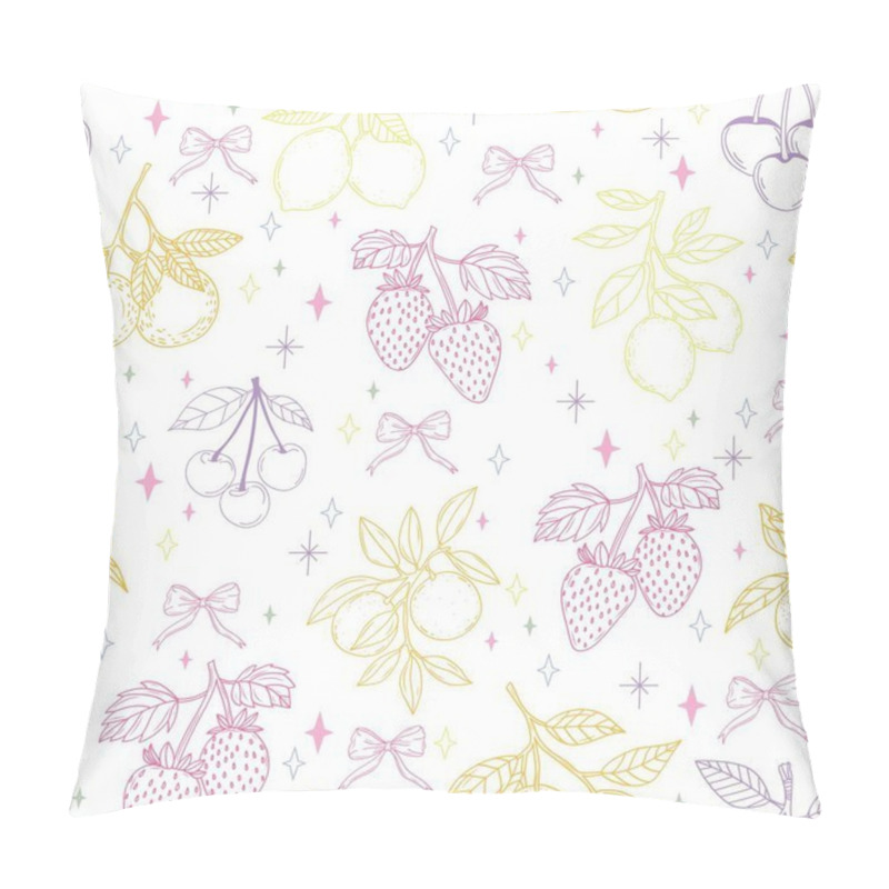 Personality  Cute Seamless Pattern With Fruit, Berries, Citrus, And Bows Including Strawberries, Lemons, Oranges, And Clementines. Hand-Drawn Vector Background Pillow Covers