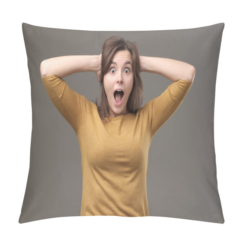 Personality  Shocked Young Woman With Hands On Head Standing And Shouting With Surprise. Pillow Covers