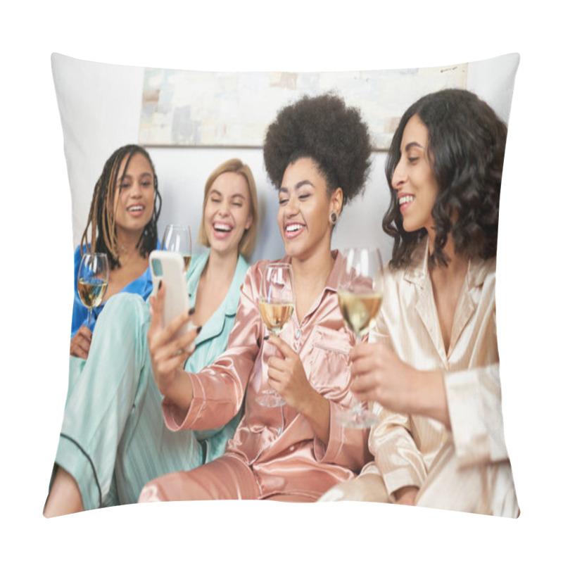 Personality  Cheerful African American Woman Holding Blurred Smartphone Near Multiethnic Girlfriends In Colorful Pajamas Holding Glasses Of Wine During Girls Night At Home, Bonding Time, Slumber Party Pillow Covers