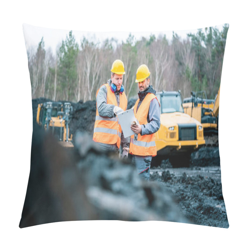 Personality  Workers In Quarry Looking At A Plan Pillow Covers