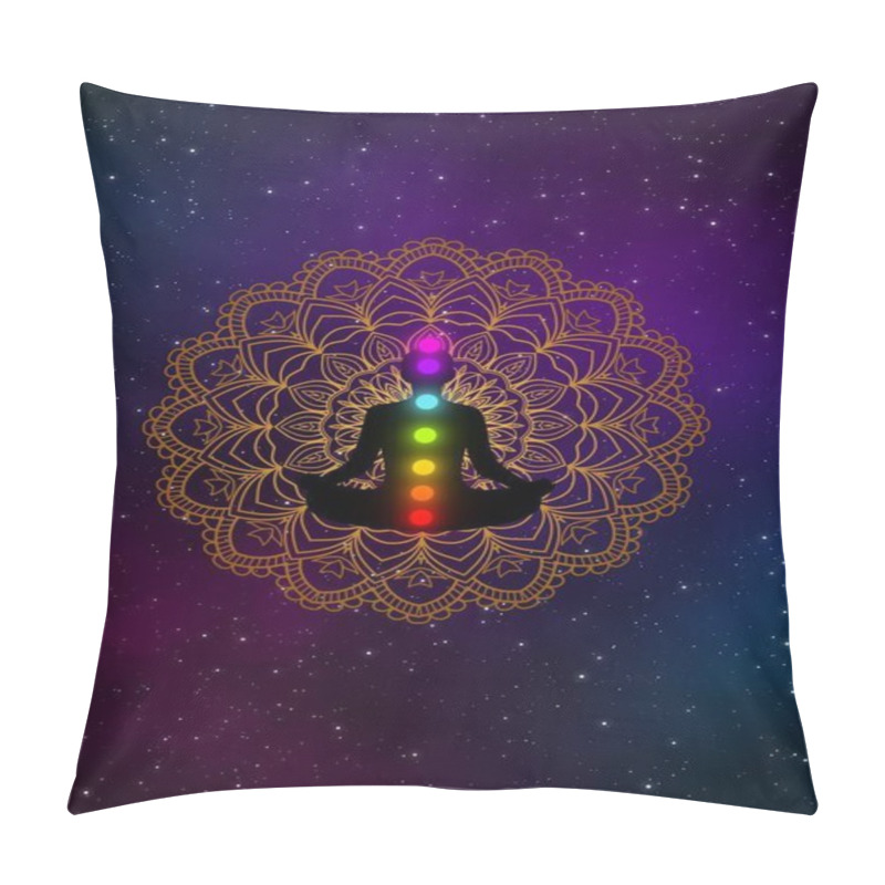 Personality  Abstract Meditation Man With Chakras And Golden Mandala In The Galaxy Illustration Design Background. Pillow Covers