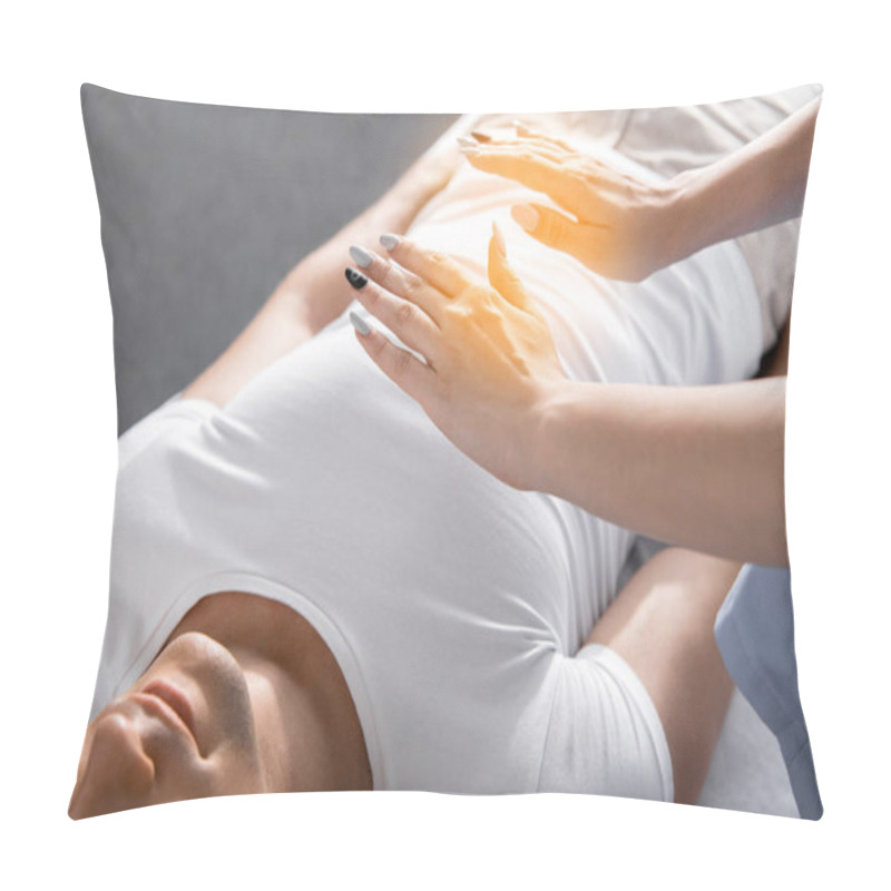 Personality  Partial View Of Healer Standing Near Man On Massage Table And Holding Hands Above His Body Pillow Covers