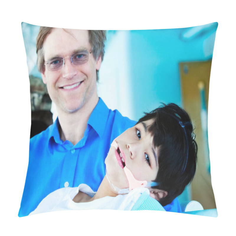 Personality  Handsome Father In Forties Holding Disabled Son In Arms Pillow Covers