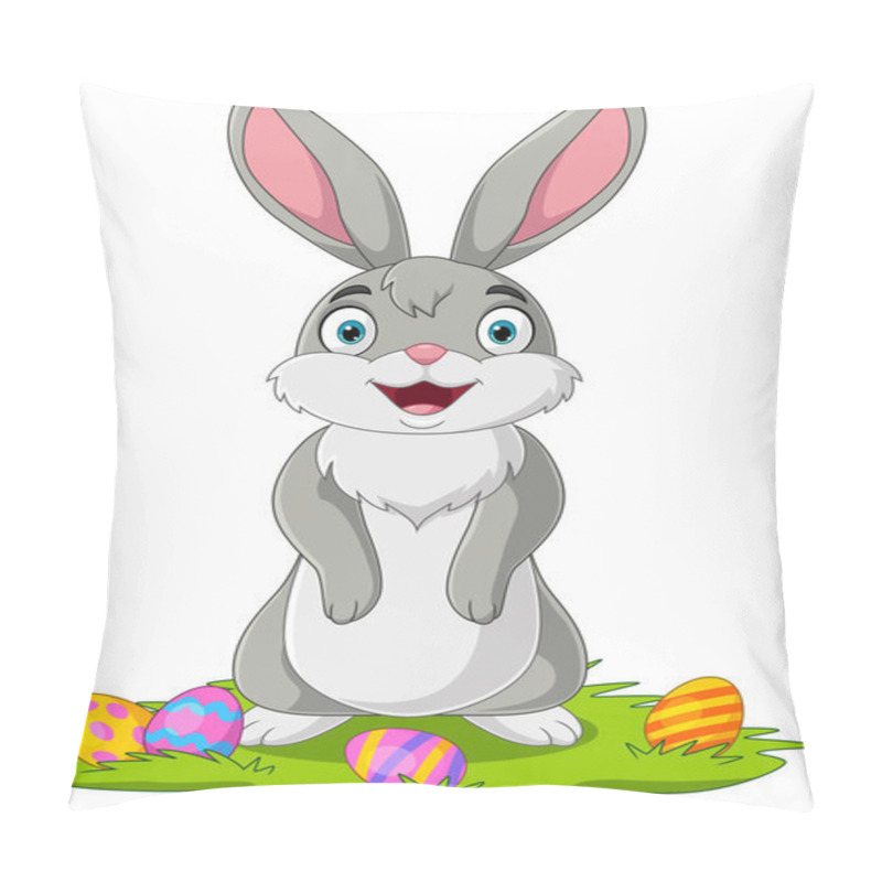 Personality  Vector Illustration Of Cute Little Bunny With Easter Egg In The Grass Pillow Covers