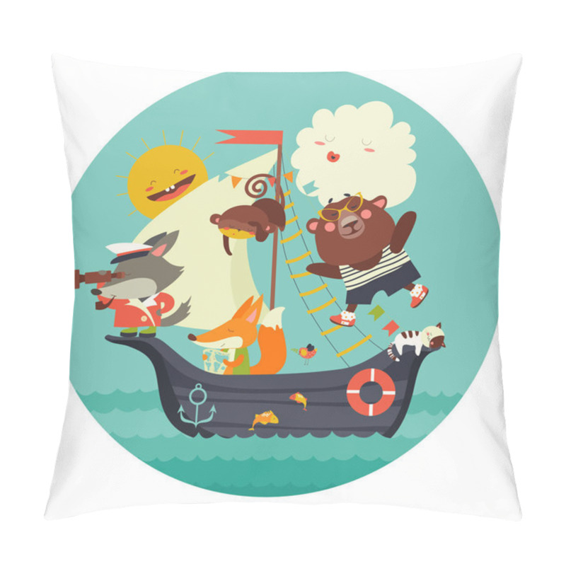 Personality  Cute Animals Travelling By Ship On Sea Pillow Covers