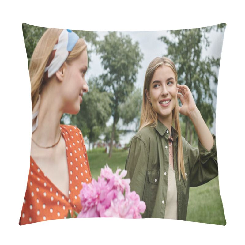 Personality  A Young Lesbian Couple Enjoys A Sunny Afternoon In A Lush Green Park, Sharing A Tender Moment. Pillow Covers