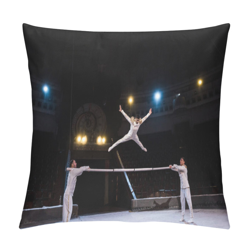 Personality  Gymnast With Outstretched Hands Jumping On Pole Near Acrobats In Circus Pillow Covers