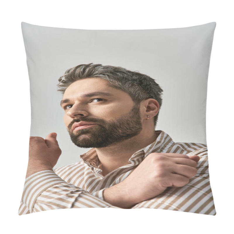 Personality  A Stylish Man With A Beard Poses Confidently In A Striped Shirt Against A Grey Background. Pillow Covers