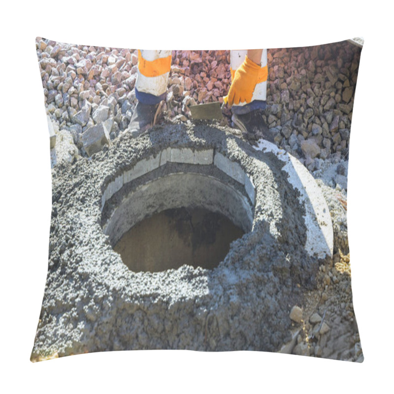 Personality  Fresh Concrete Is Being Used To Secure Blocks At Top Of Manhole For An Underground Infrastructure Pit. Pillow Covers